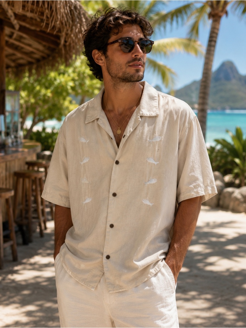 Vintage Island Republic Men's Short-Sleeve Button-Down Shirt Sand Silk Xl Fish